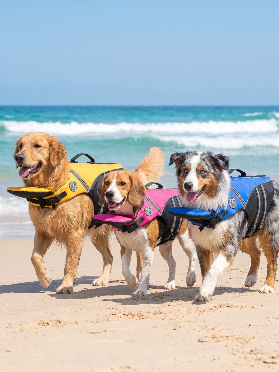 Three dogs on a beach wearing AquaGuardPro life jackets in yellow, pink and blue